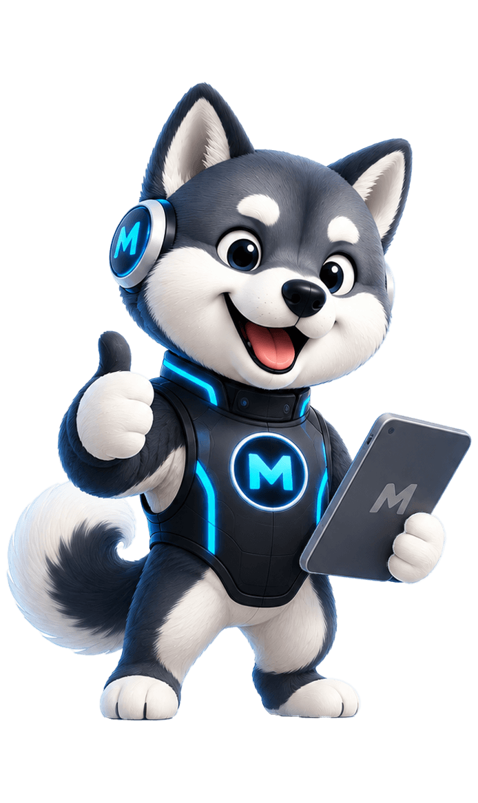 Inou Cyborg, la mascotte d’InouMetrix, pouce levé, une tablette à la main