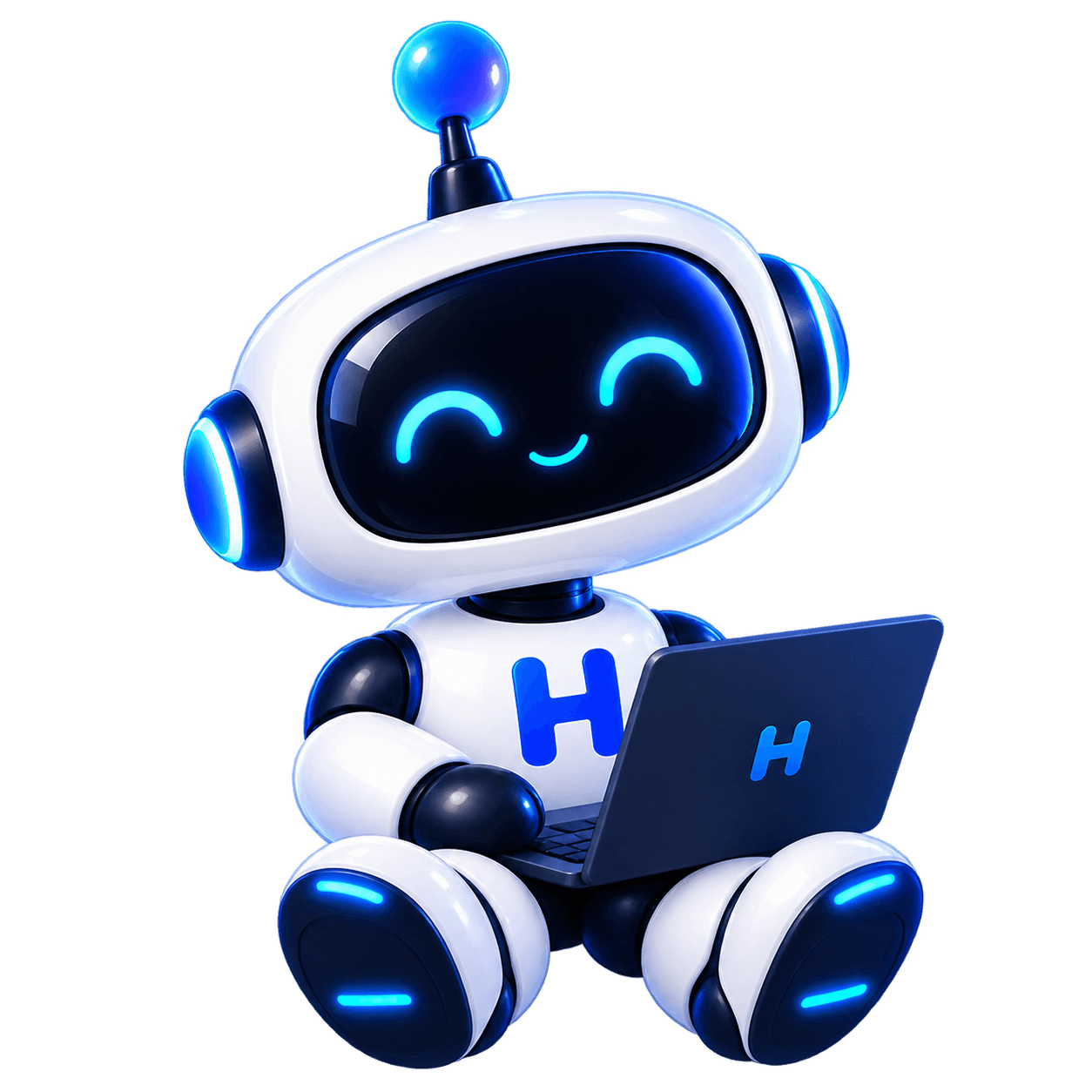The Inou AI robot at a laptop